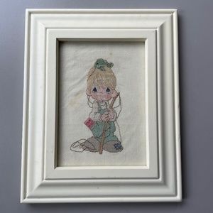 VTG Precious Moments Fisherman Completed Framed Cross Stitch